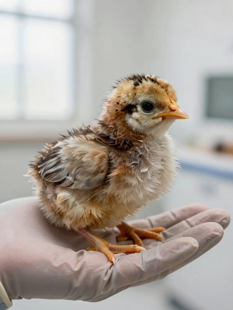Extreme close-up of a day-old chick resting in a gloved handler's palm inside a hatchery, feather detail sharp and clear, studio-quality north-facing window light, clinical white background behind the hand, no pastoral softness