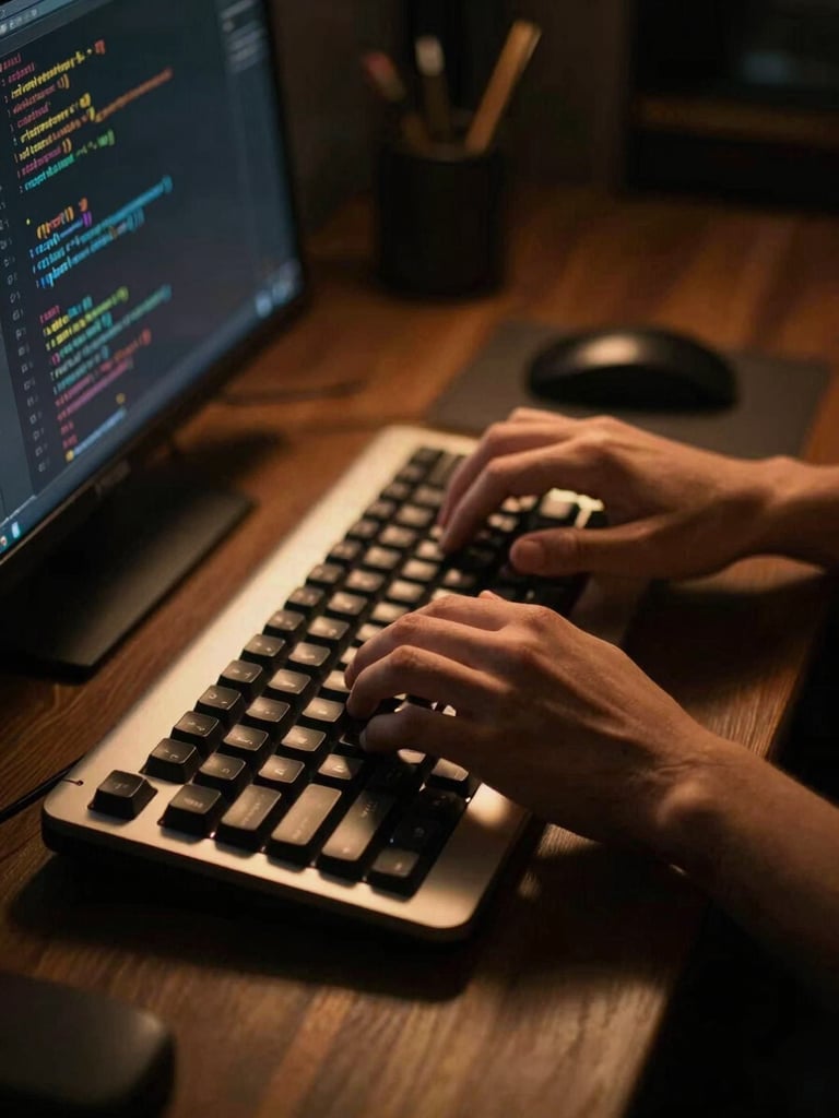 Moody editorial photography of a high-end workspace environment, close-up of hands typing clean code on a mechanical keyboard, warm golden accent lighting.