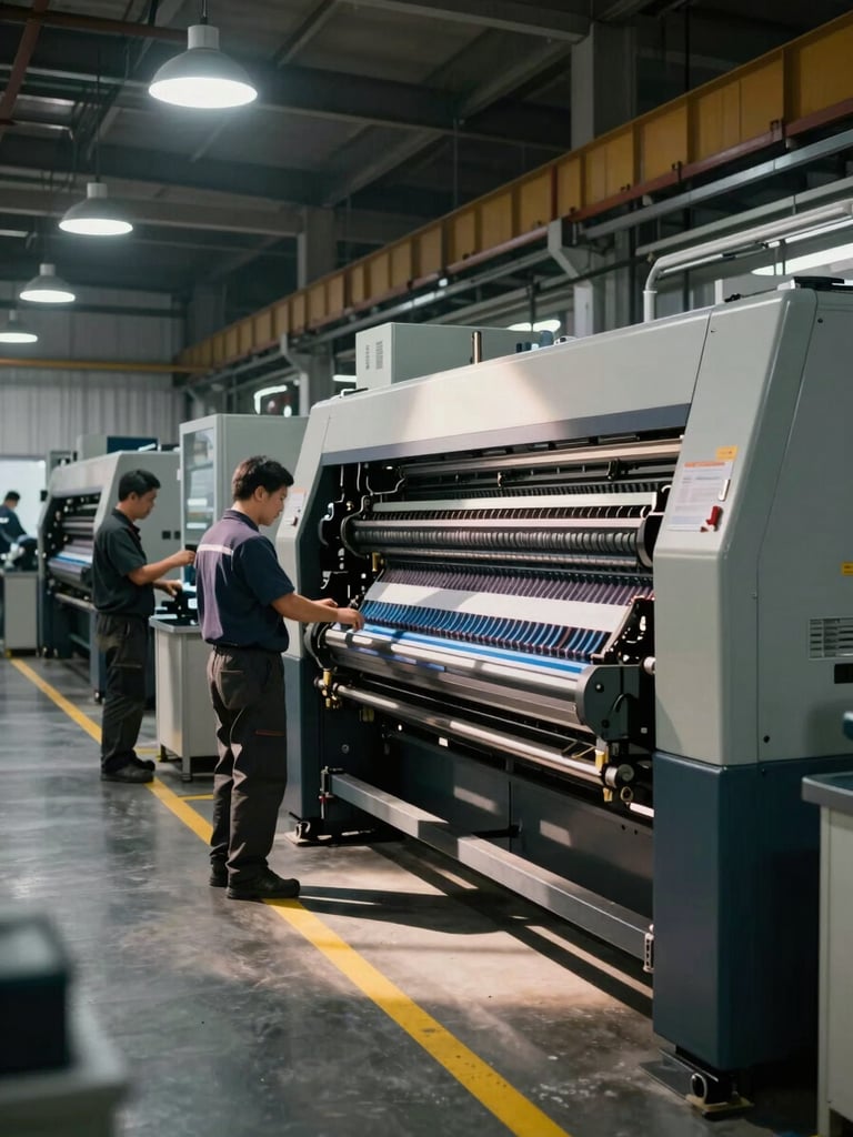 Wide-angle industrial print facility interior, two technicians in workwear performing installation of a large-format printing machine, hard overhead factory lighting casting precise shadows across machine frame and cable trays, floor marked with yellow safety lines, machinery occupies the right two-thirds of the frame