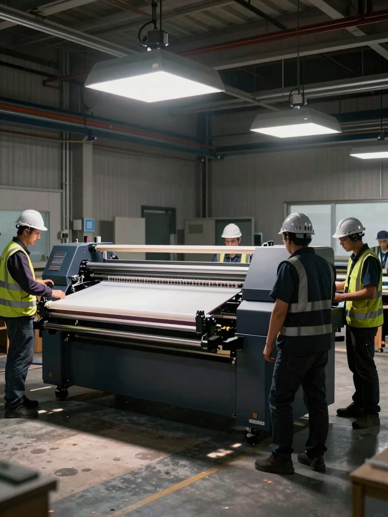 Wide workshop interior, installation crew in safety gear commissioning a large-format UV flatbed printing machine, hard key light from overhead industrial fixtures casting sharp shadows across the mechanical frame, 3/4 front angle showing machine scale against the factory floor