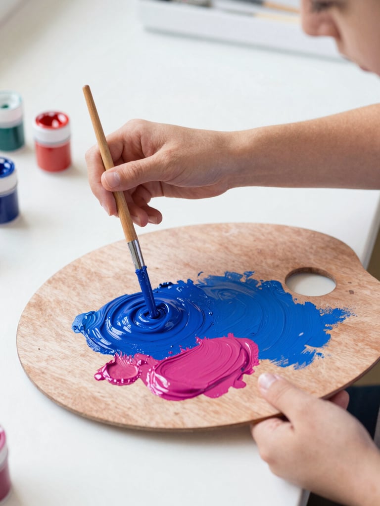 Close-up of a student's hands mixing vivid cobalt blue and magenta acrylic paints on a wooden palette in a bright, daylight-filled studio.