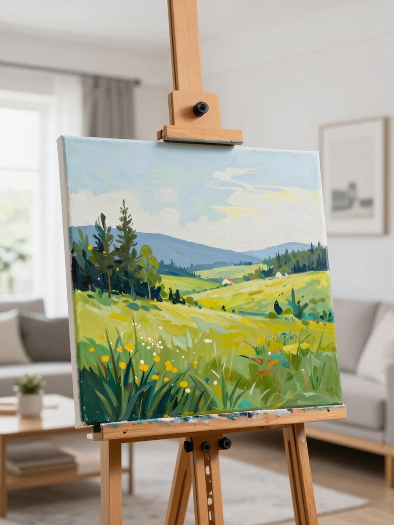 A clean finished landscape painting on canvas sitting on a wooden easel in a bright, modern living room.