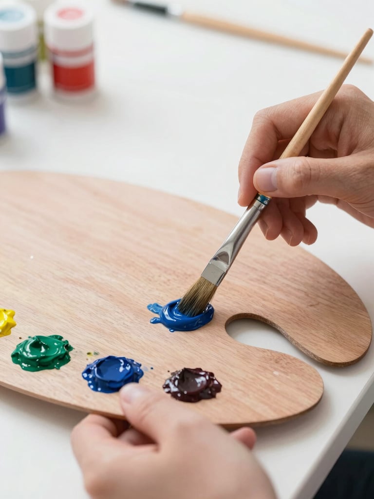 A close-up of hands mixing vivid oil pigments on a wooden palette with a brush, shallow depth of field, bright daylight.