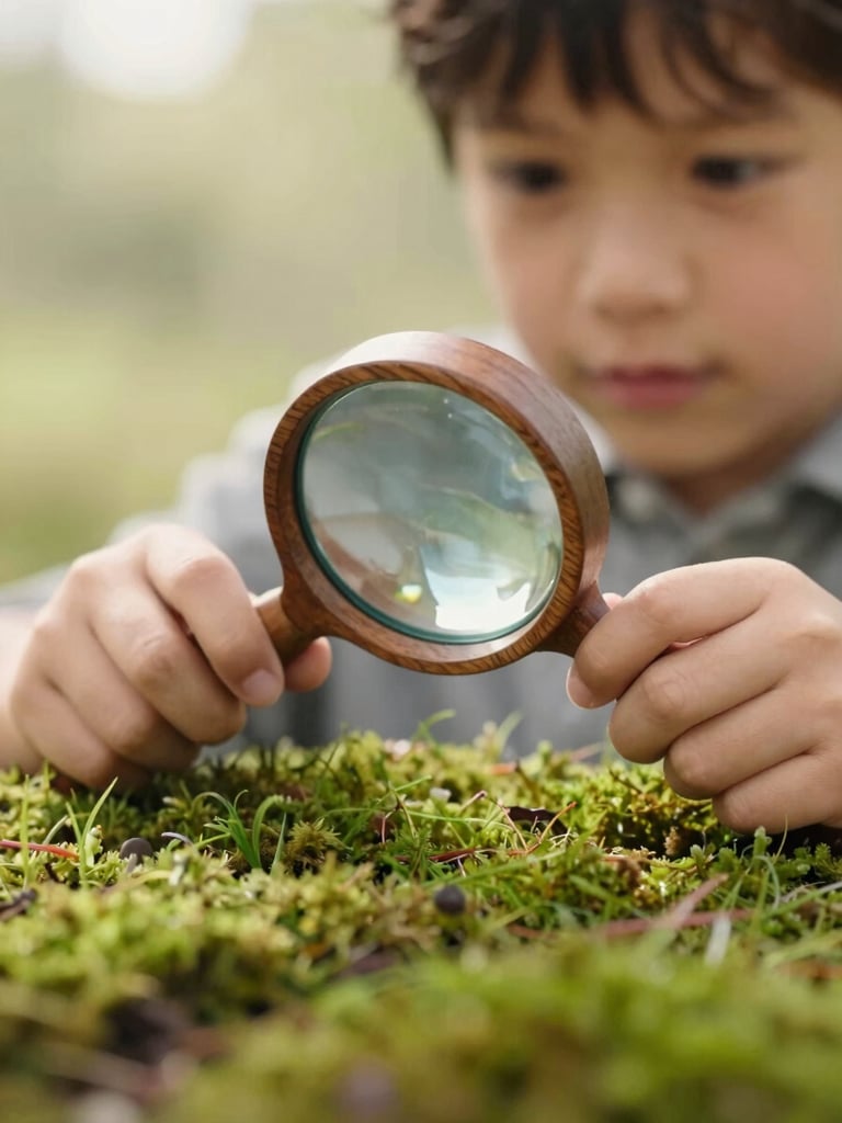 Low-angle child-eye-level shot of a child's hands carefully holding a smooth wooden magnifying glass over soft green moss, diffused natural morning light, highly tactile texture of wood and moss.