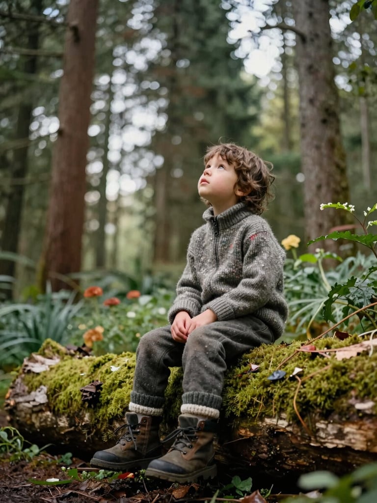 Low-angle shot of a child in weather-appropriate wool gear sitting on a mossy log in the forest garden, looking up at tall trees, soft natural daylight.