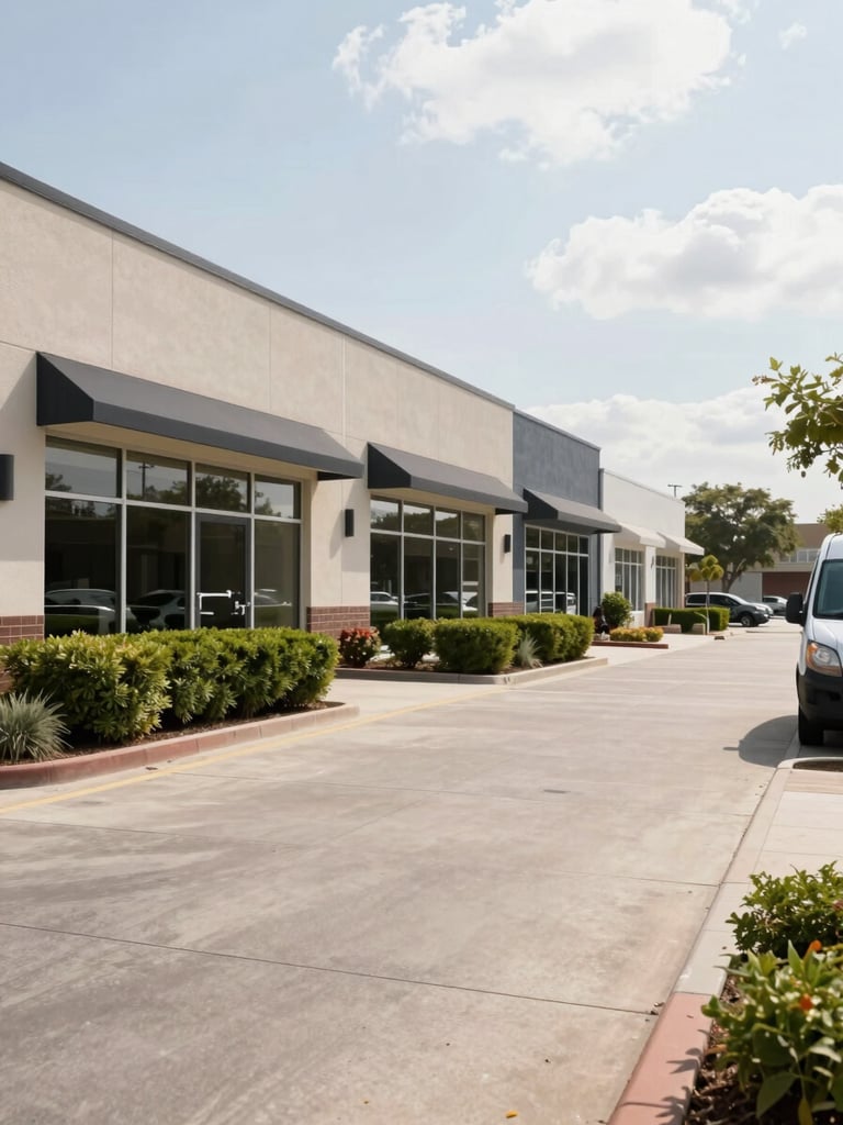 Wide environmental shot from street level looking along a well-maintained commercial property facade in a mid-sized urban neighborhood, midday daylight, clean paved forecourt, trimmed hedge line along the building perimeter, parked service van visible at the right edge, overcast-bright sky, no people