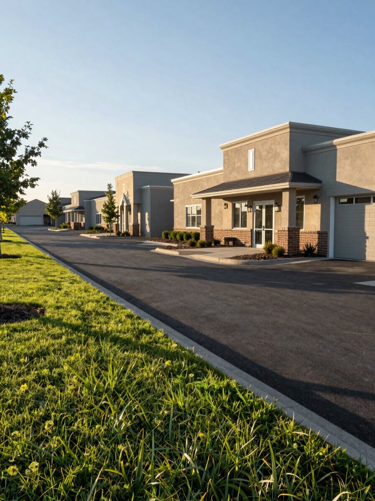 Panoramic environmental shot of a well-maintained suburban commercial property — wide landscaped verge in the foreground left, tidy building frontage to the right, early morning directional daylight casting long clean shadows, no people