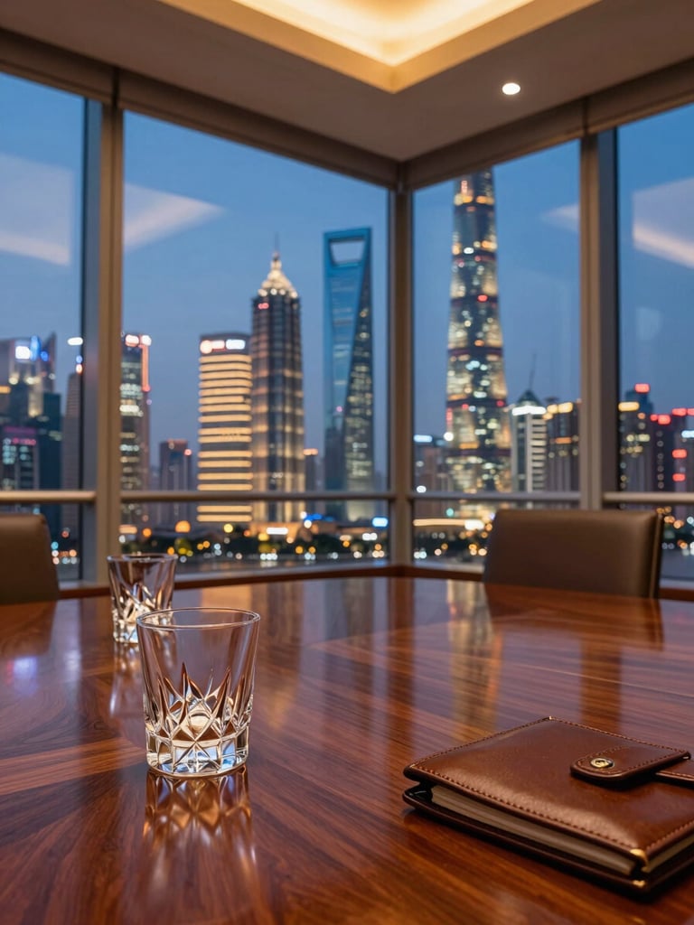 Wide environmental shot of a polished mahogany boardroom table at dusk, two half-filled crystal glasses and a leather portfolio visible in the foreground, floor-to-ceiling windows behind revealing Pudong towers glowing amber against a deep blue sky, warm tungsten light from recessed ceiling fixtures reflecting on the table surface