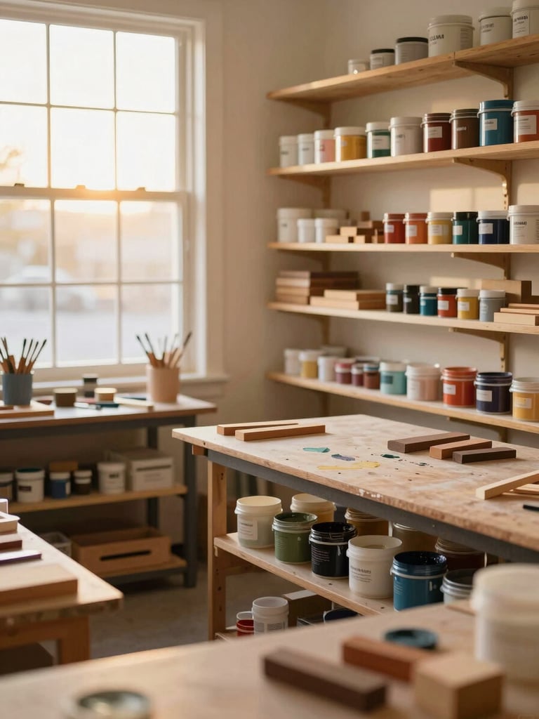 Wide environmental shot of a sunlit, organized creative workshop in Hurricane Utah, shelves with paint pots and wood blocks, warm golden light pouring through a window