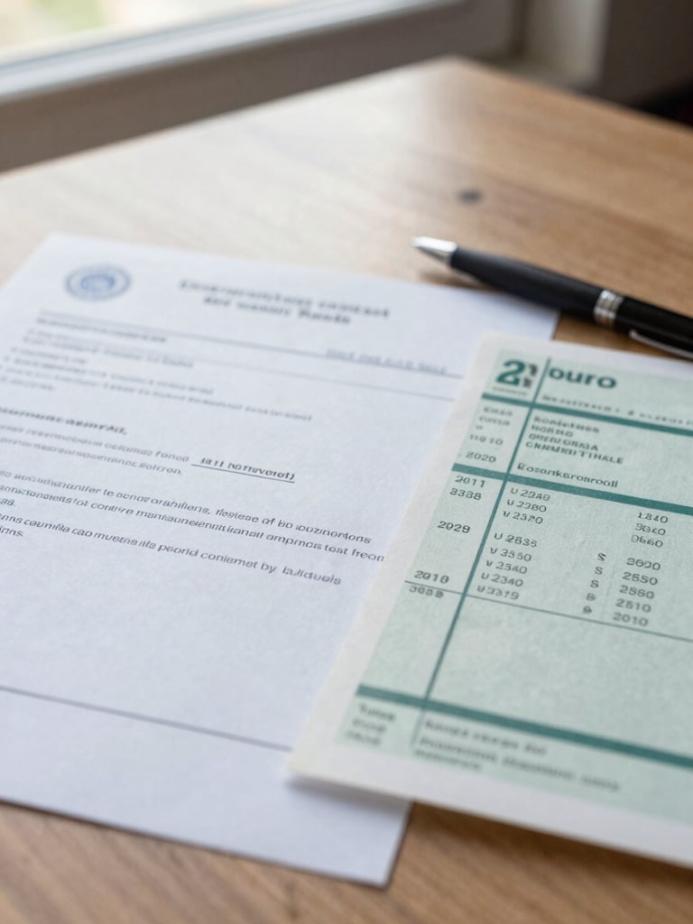 Documentary close-up of a government subsidy letter and electricity bill side by side on a wooden table, slightly blurred for privacy, natural window light, a pen resting on top