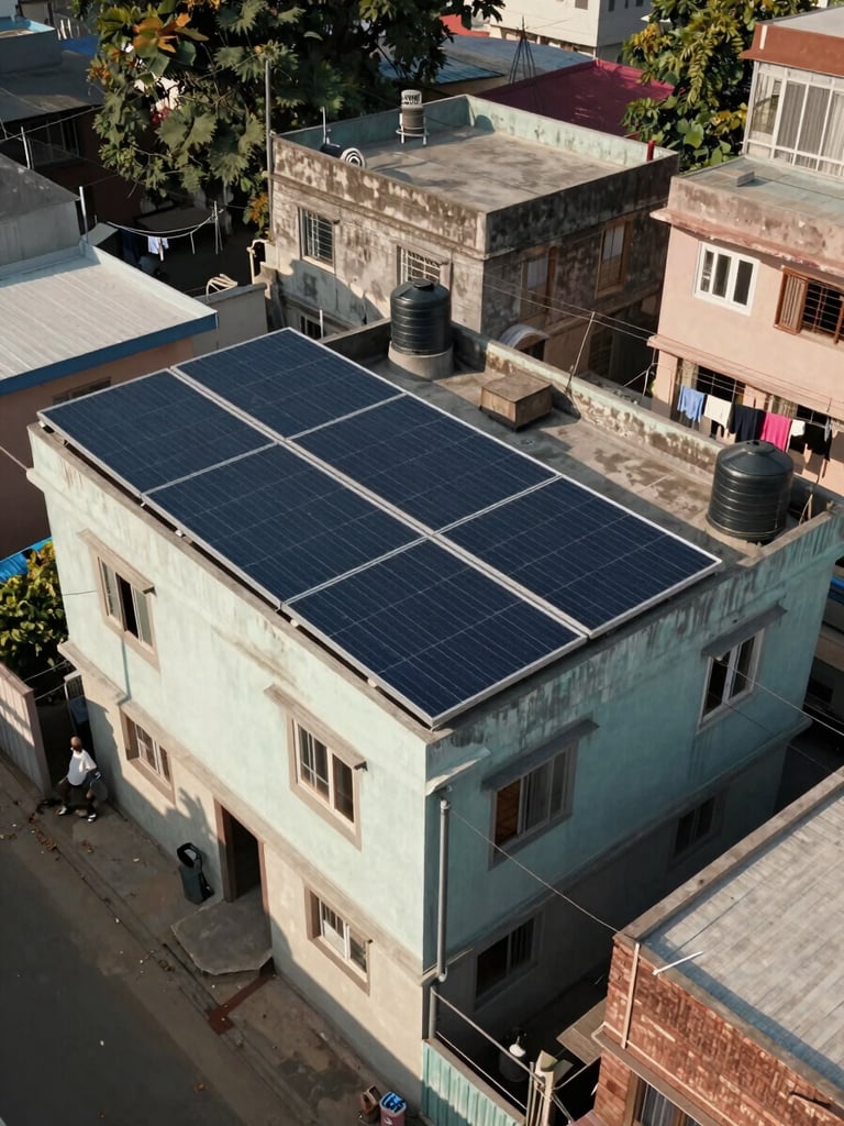 Environmental rooftop shot of a two-storey Indian suburban house with a full solar panel array installed on the terrace, mid-morning daylight, residential street visible below, no people, real neighbourhood context with water tanks and clotheslines visible nearby