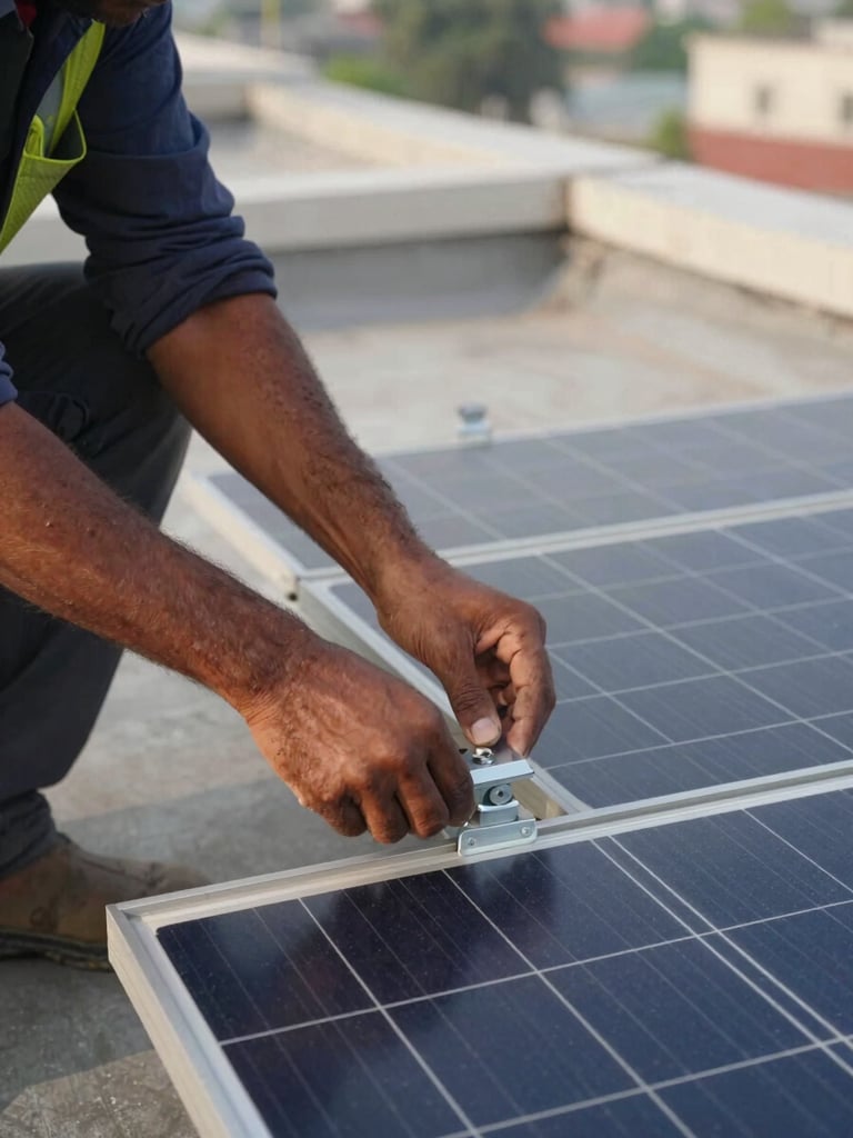 Close-up documentary shot of a solar installation crew member on an Indian residential rooftop, hands adjusting a panel mounting bracket, morning daylight, concrete parapet visible in background, natural unretouched lighting