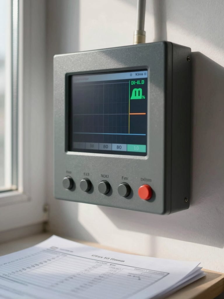 Close-up of a solar inverter monitoring display mounted on a white interior wall, screen showing live output readings in kilowatts, natural daylight from a nearby window casting soft shadows, slightly blurred electricity bill document visible in the foreground