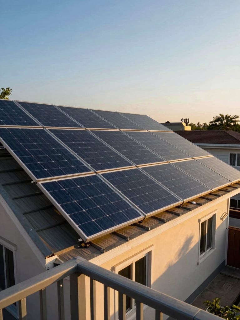 Wide environmental shot of a suburban Indian home rooftop with a neat array of solar panels installed, morning golden-hour light raking across the panel surface, terrace railing visible in lower frame, clear blue sky, no people