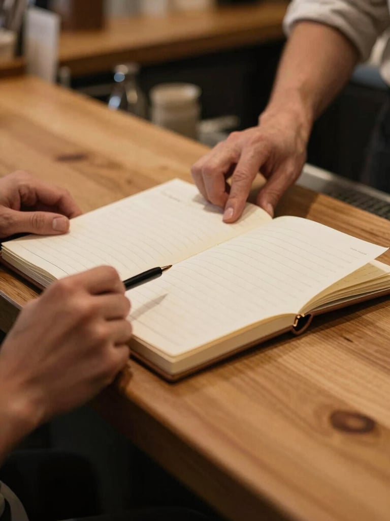 Close-up of a restaurant owner's hands reviewing a simple logbook on a wooden counter, warm tungsten indoor light, a pen resting beside the open pages, no faces visible, natural and unposed
