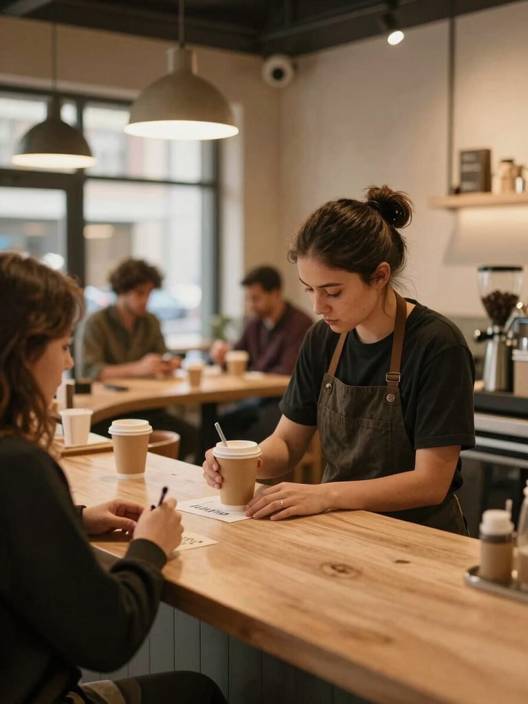 Wide shot from the corner of a warm café interior at evening service, a barista writing a customer's name on a kraft cup under amber tungsten light, regulars visible at counter in soft focus, natural depth of field