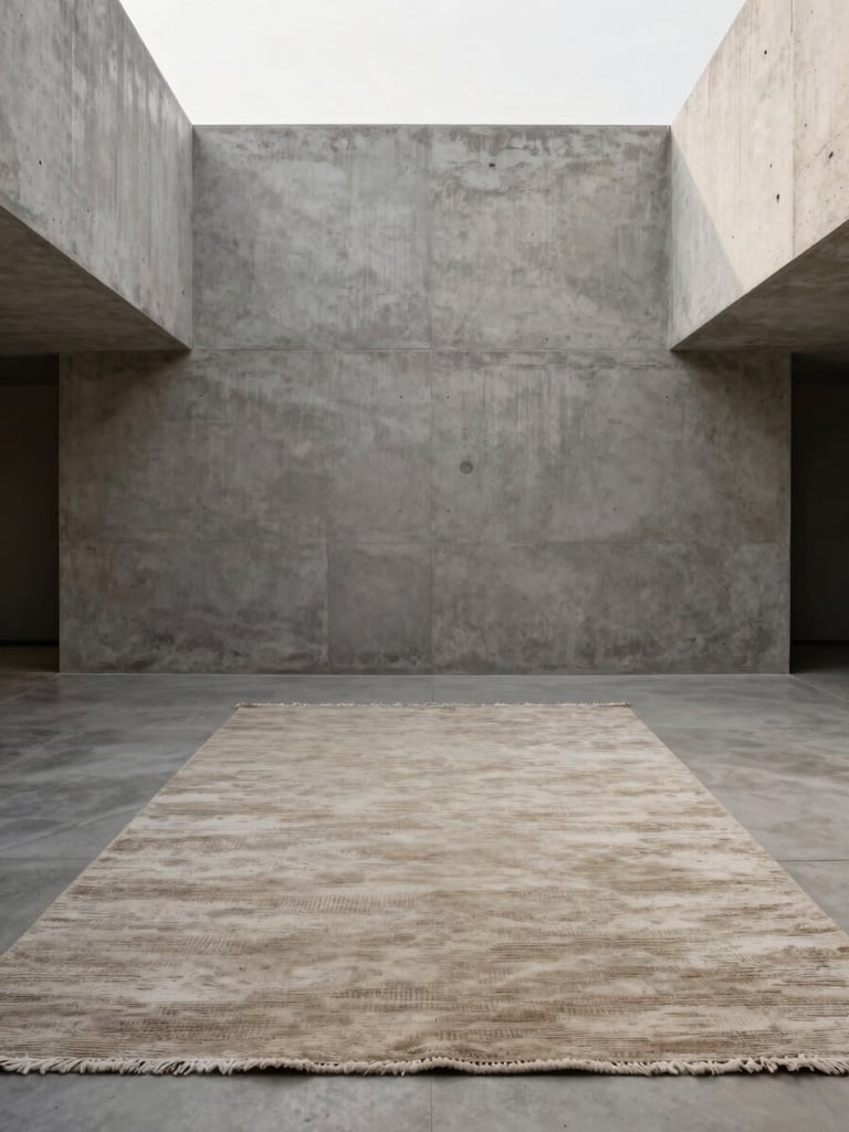 A large bespoke hand-knotted rug in a brutalist concrete residence, minimalist design, soft morning light, portrait aspect.
