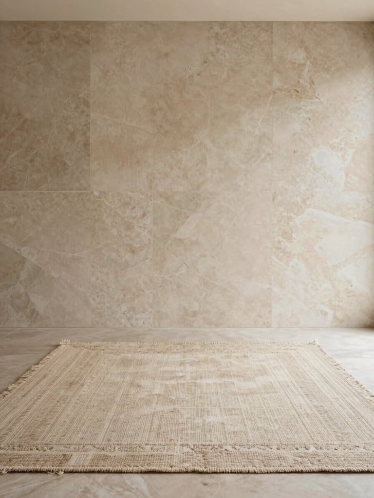 A luxury hand-woven carpet inside a minimalist travertine marble villa, warm editorial style, portrait aspect.
