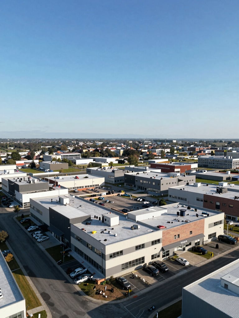 Wide panoramic aerial view of a completed mixed-use commercial development, photographed at midday with sharp natural light revealing rooftop structures and parking geometry, subject anchored to the left third of the frame with open sky on the right