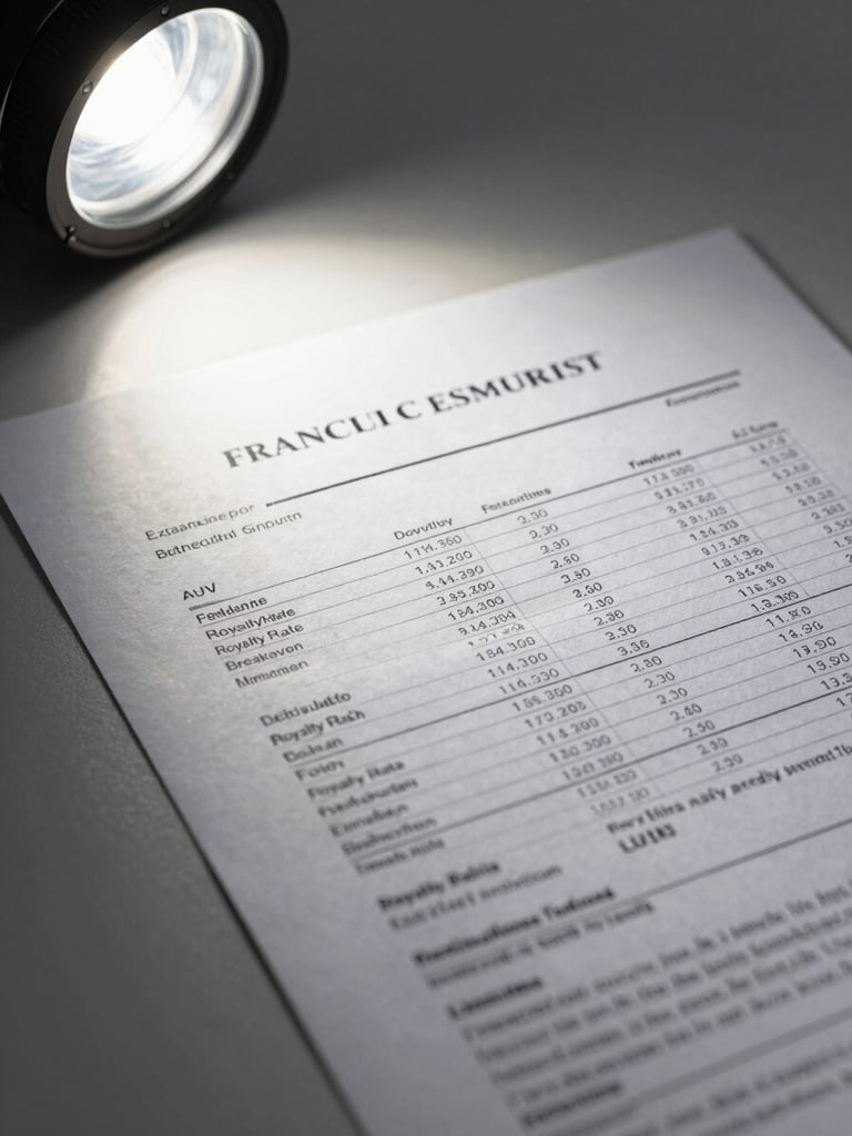 Extreme close-up of a printed franchise deal summary document on a matte grey desk, studio strobe lighting from upper left casting sharp shadows across columns of financial data — AUV, royalty rate, breakeven timeline — document edges slightly off-frame, no faces, no branding