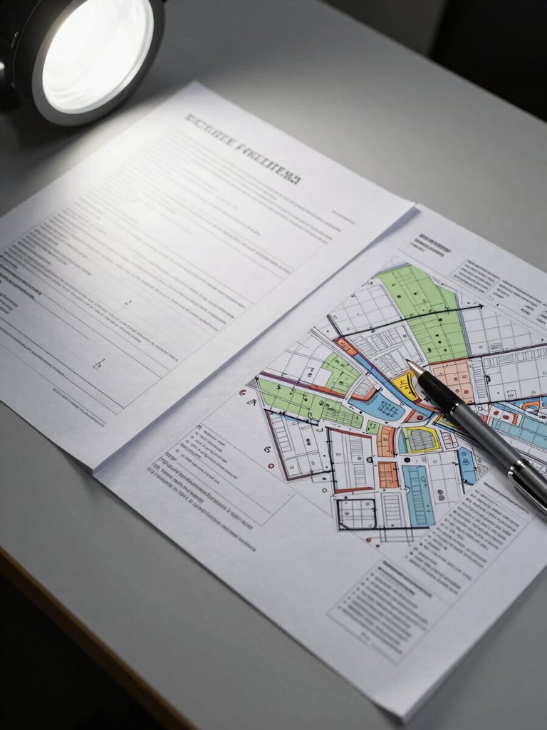 Close-detail overhead shot of transaction documents and a zoning map spread flat on a matte gray desk surface, studio strobe lighting from upper left ensuring full legibility of printed grid lines and margin annotations, a mechanical pencil resting across the corner of one page, tight crop with no human hands visible