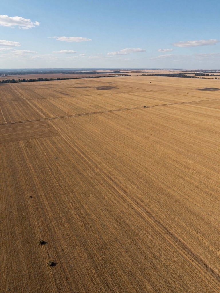 Wide panoramic aerial view of a large undeveloped land parcel at midday, golden-brown earth and boundary lines visible from above, shot from a high angle with expansive sky to the upper left and the parcel occupying the right two-thirds of the frame, natural daylight with sharp shadow definition across the terrain