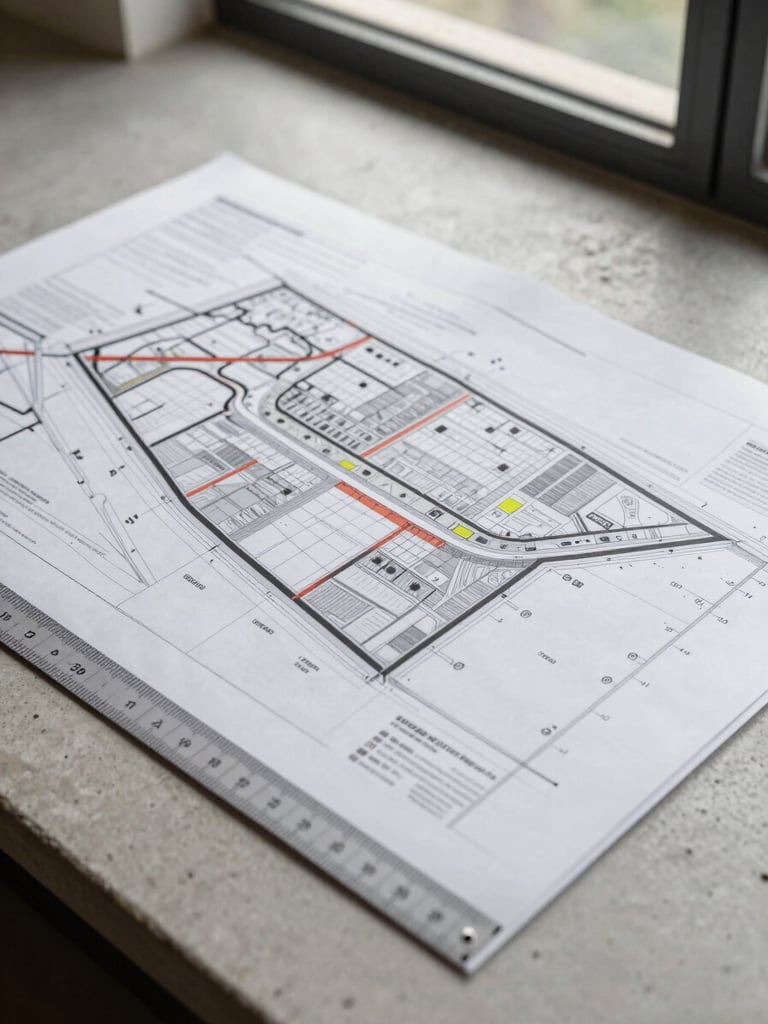 Close detail shot of a site zoning plan spread flat on a light concrete surface, natural daylight from a high window, technical line markings and parcel boundaries clearly legible, a scale ruler resting along the lower edge, no people visible