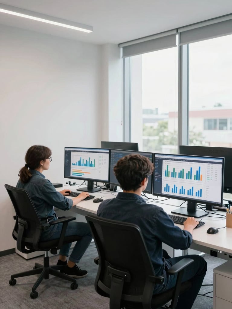 Wide-angle view from the left edge of an open-plan office, two people seated at desks reviewing large monitor screens displaying campaign performance dashboards with bar charts and CPA metrics, bright natural window light from the right side, clinical and sharp, no eye contact with camera, environmental work scene