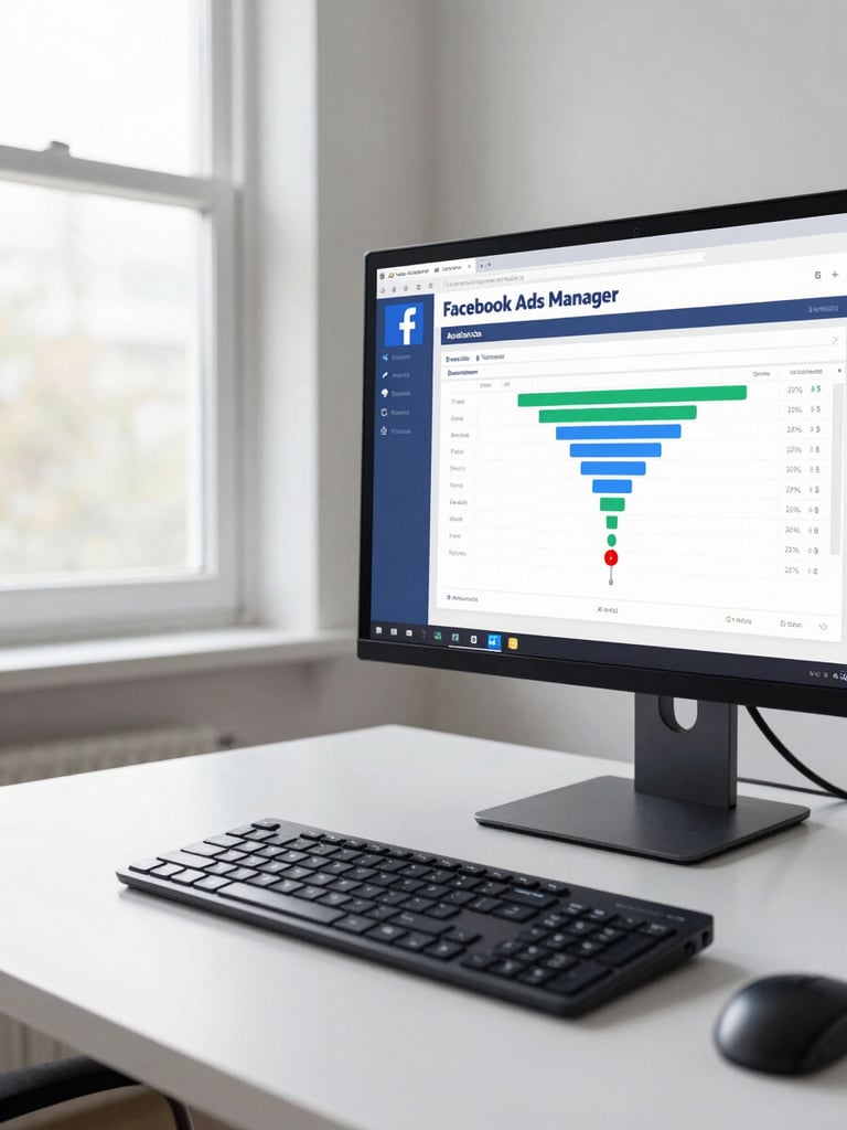 Wide environmental shot of a desk workspace, a monitor to the right third of frame showing a Facebook Ads Manager audience breakdown chart with funnel metrics, bright natural window light from the left, clean white desk surface, no people in frame