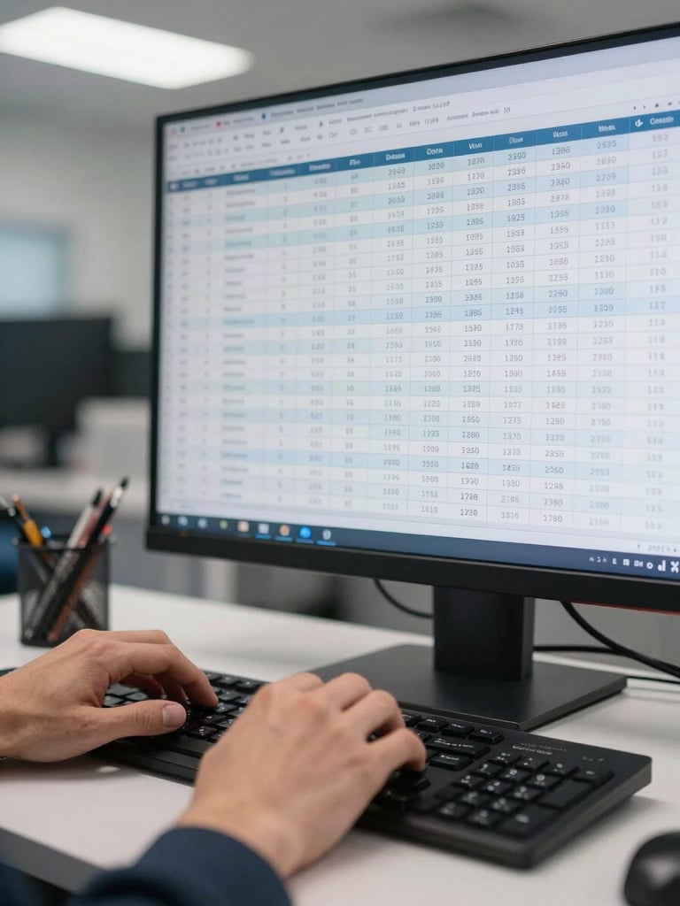 Close-up of hands on a keyboard with a spreadsheet of campaign performance data filling the monitor screen behind, bright fluorescent office light, clinical white desk surface, tight framing on the data and hands