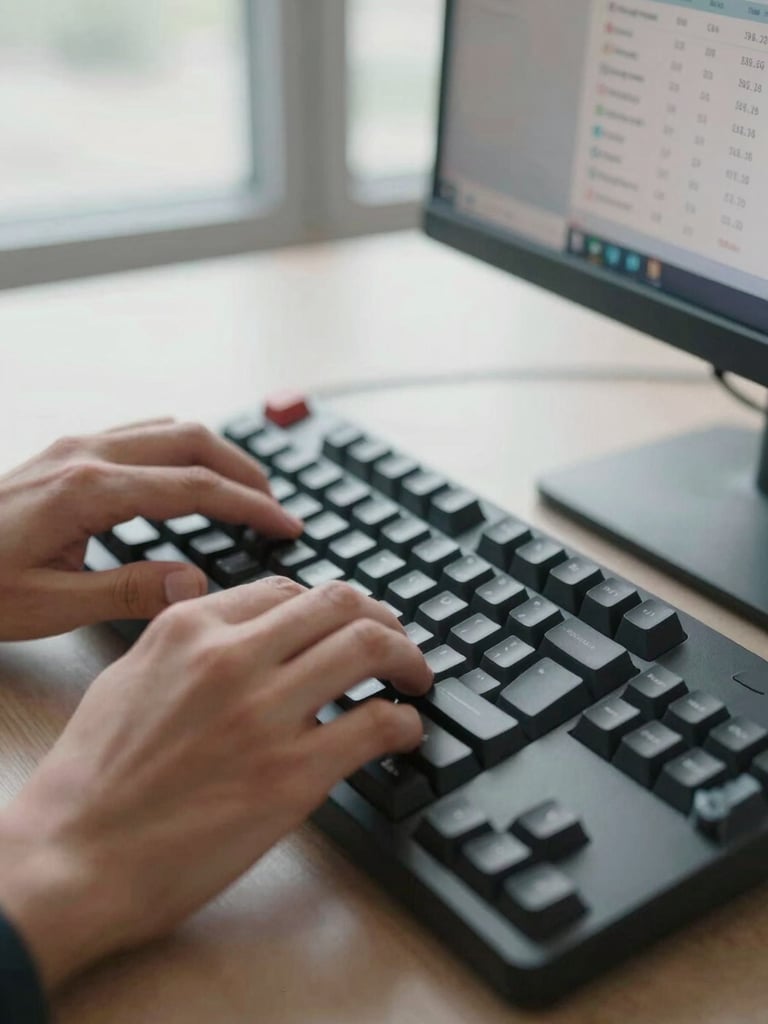 Tight close-up of hands on a mechanical keyboard under bright office window light, a monitor edge visible in the upper right corner showing Google Ads bid strategy columns with numerical CPA data, clinical fluorescent tone, no faces
