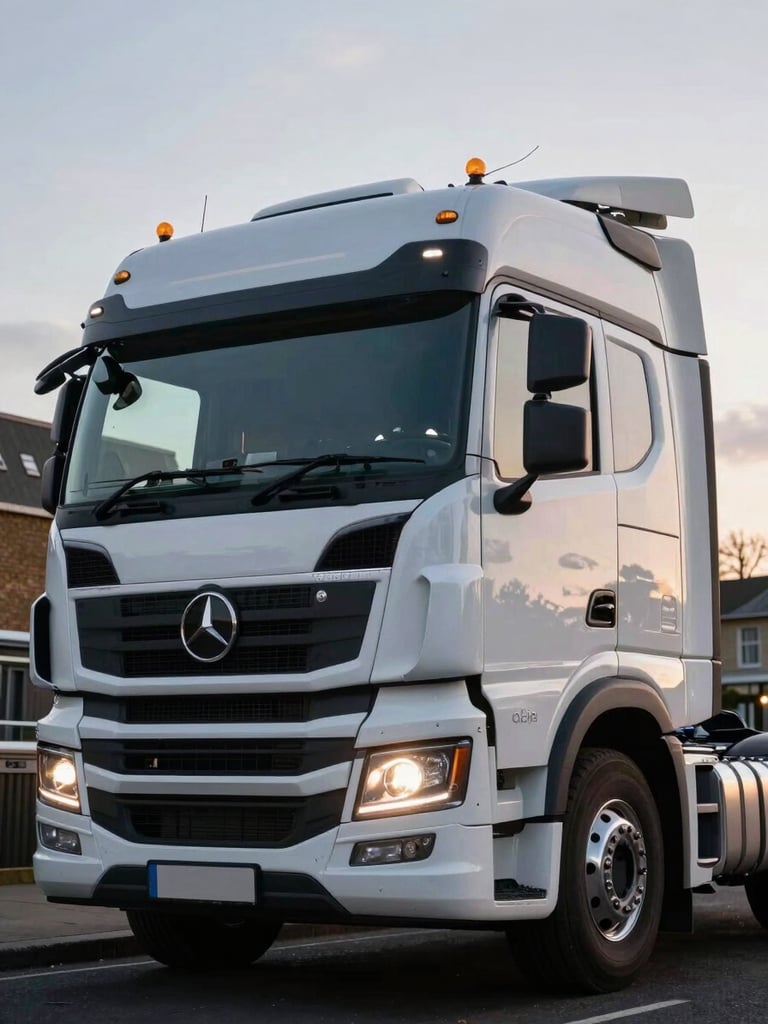 Low-angle powerful shot of a clean modern Class 1 HGV cab in early-morning overcast London light, sharp details of the vehicle front.