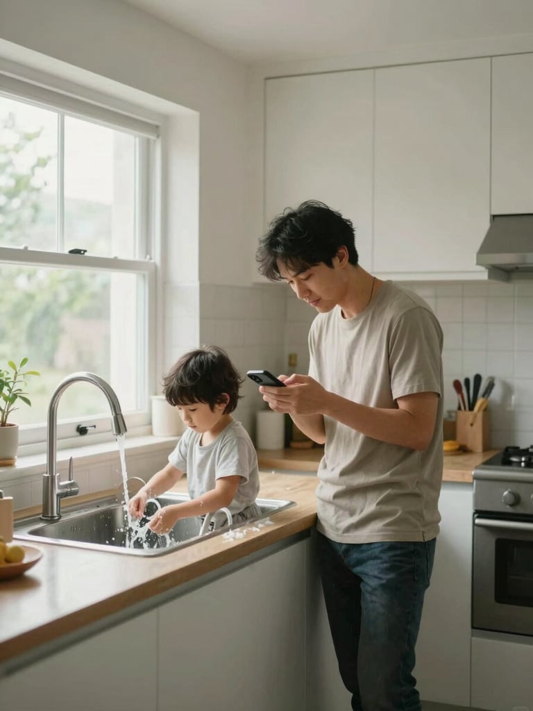 Wide shot of a bright kitchen interior, a parent leaning against the counter glancing at a phone while a child rinses dishes at the sink, natural window light, relaxed and unhurried, no eye contact with camera
