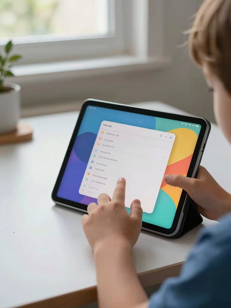A child's hands tapping a colorful app interface on a tablet, sitting at a kitchen table, bright natural daylight from a nearby window, task list visible on screen
