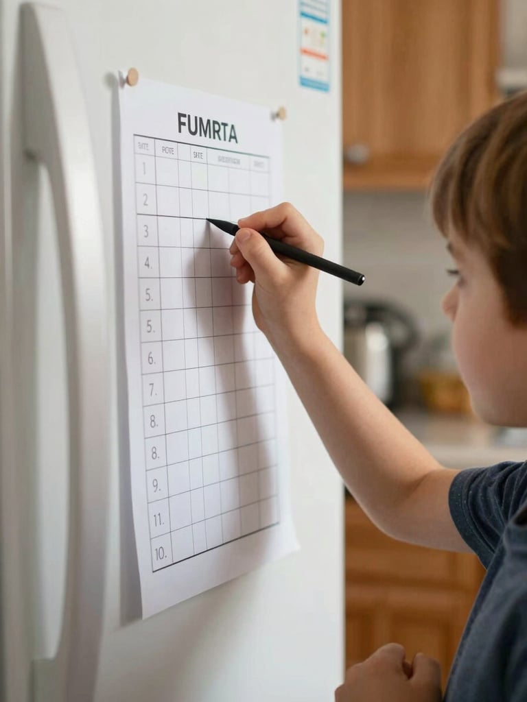 Medium close-up of a child's hands writing on a chore chart on a refrigerator, warm indoor daylight, slightly out-of-focus kitchen background, candid and unposed