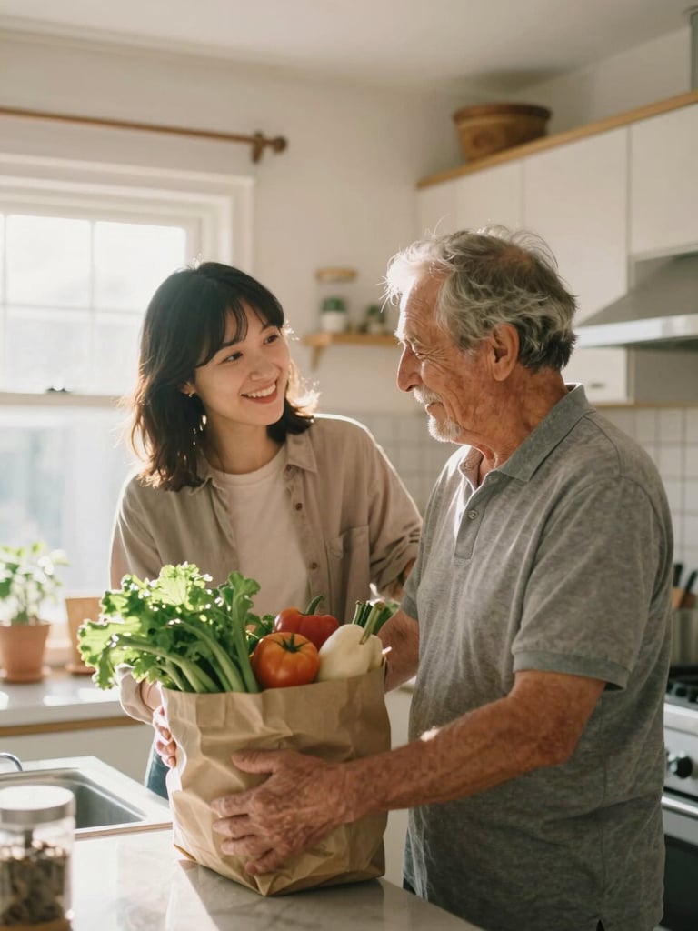 Medium shot of a friendly, warm-faced person (not a model) gently helping an older adult with groceries in a sunlit, cozy home kitchen, authentic interaction, 35mm film.
