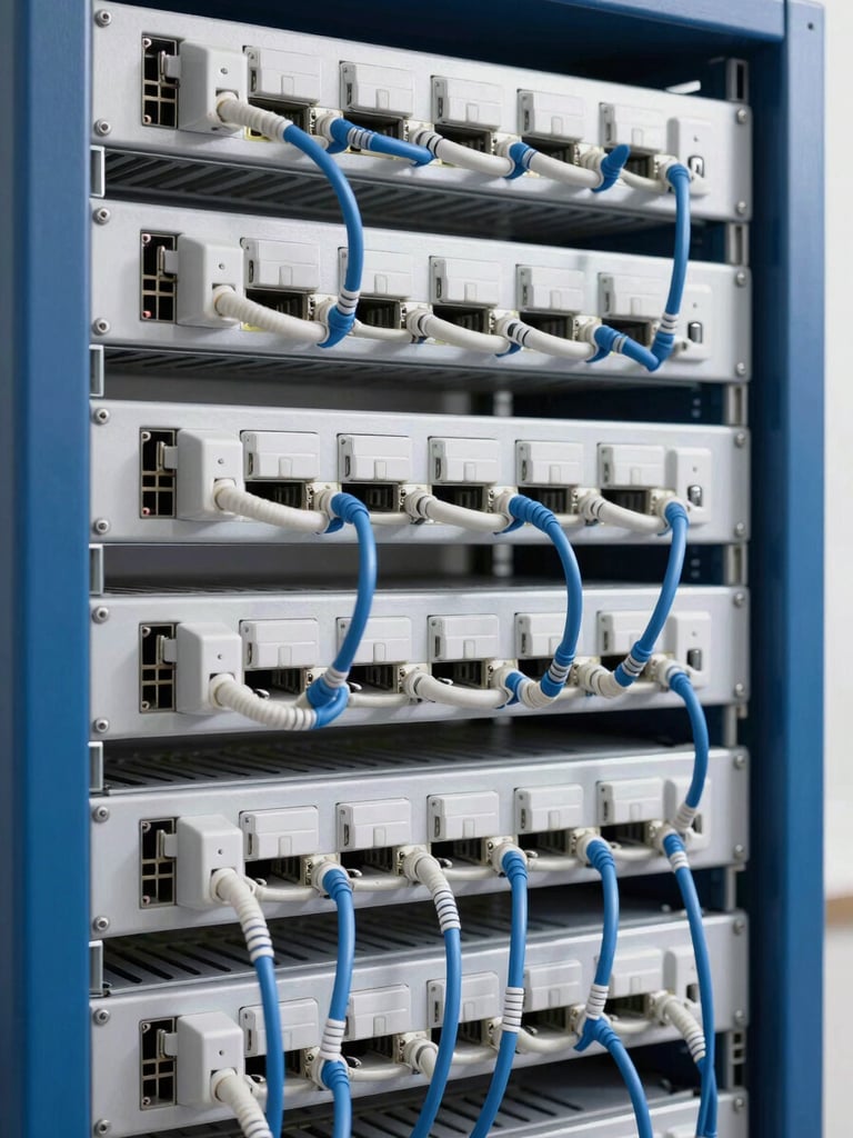 Clean commercial photograph of a network rack with immaculate cable management, bright studio light, deep blue tones, sharp focus, no people.