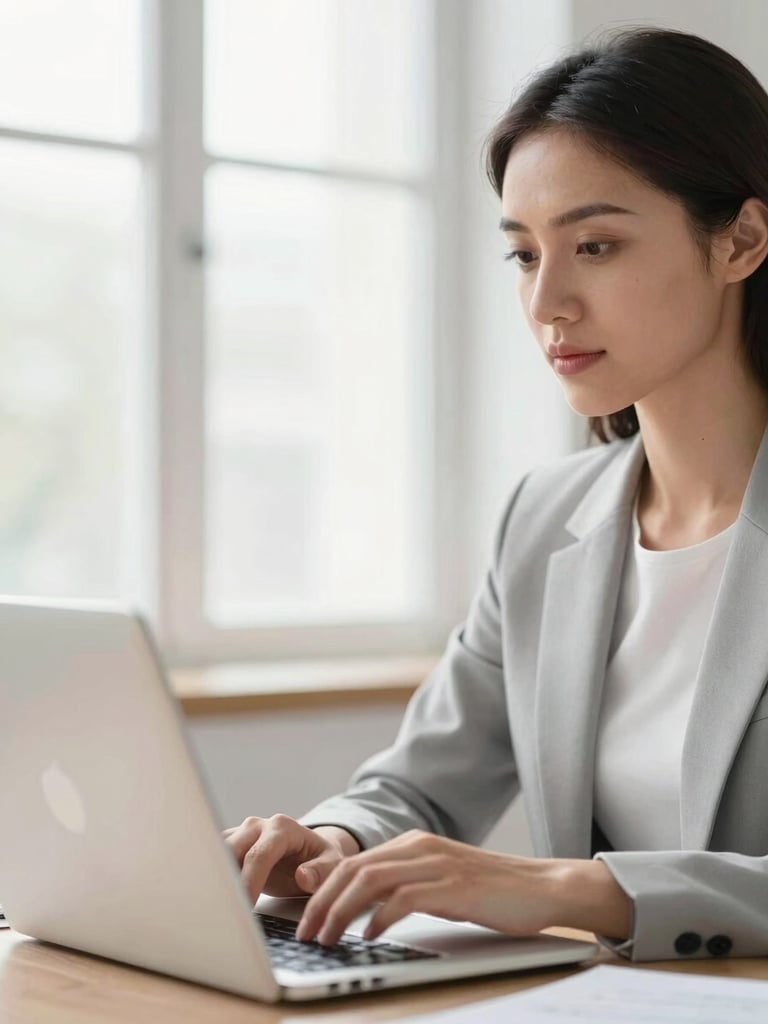 Close-up of a professional woman looking confidently at her laptop screen in a bright, organized workspace, soft daylight