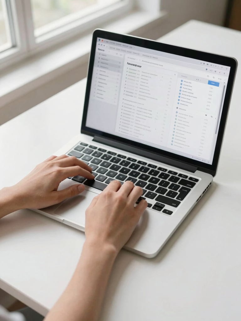 Overhead shot of a clean desk with a laptop displaying a structured dashboard, hands typing, natural window light
