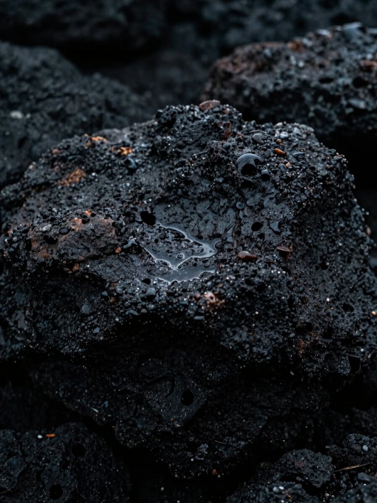 Moody close-up of dark, wet volcanic rock textures with sharp highlights and deep shadows, low-key dramatic lighting, 35mm anamorphic lens shot