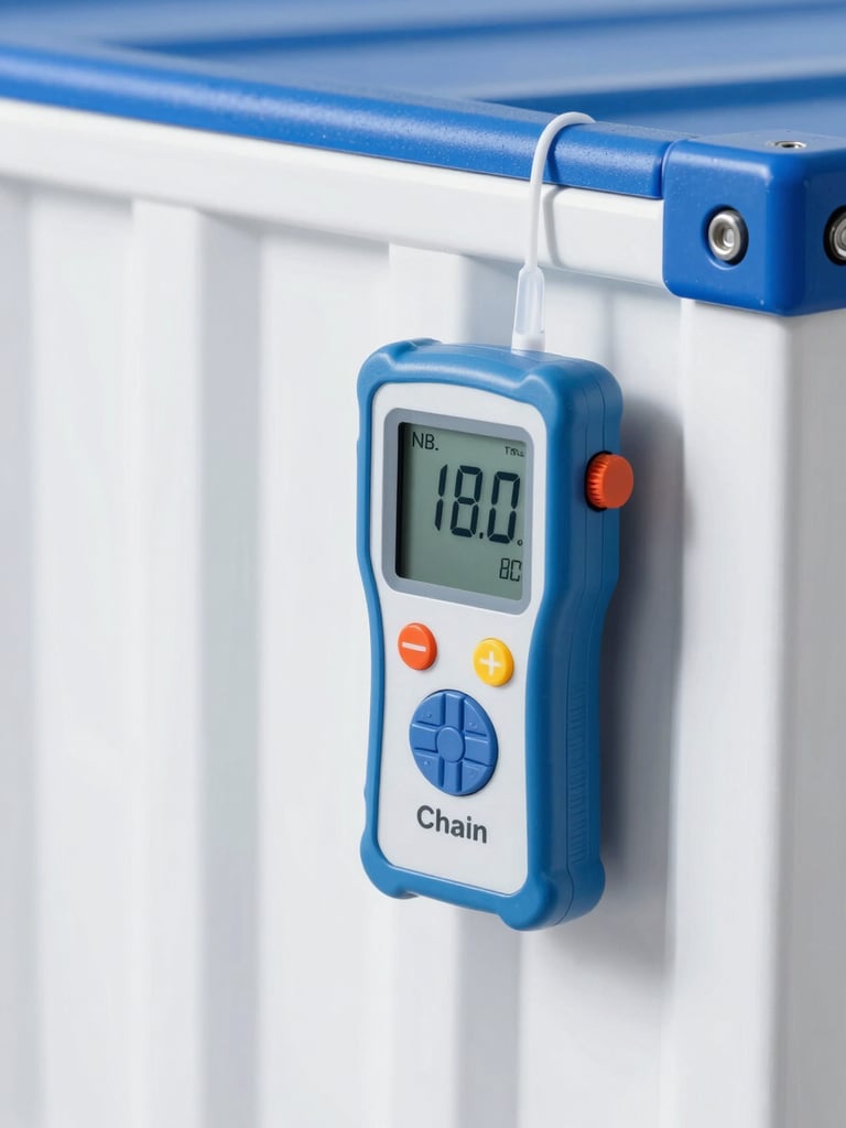 Close-up of a professional digital temperature logger attached to a secure cold-chain pharmaceutical shipping container, clean studio light.