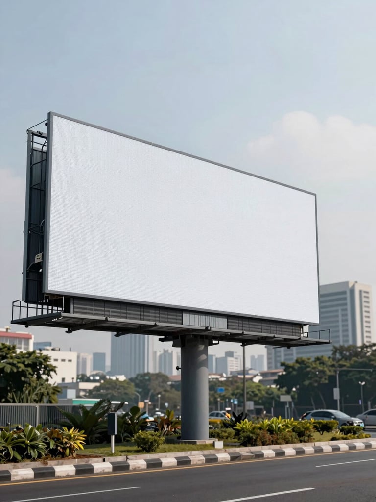 Wide environmental shot of a completed large-format outdoor billboard installation on a Jakarta urban arterial road — the billboard structure fills the left frame, even overcast daylight, no people visible, signage surface texture and mounting hardware in sharp focus, low horizon with city skyline softly out of focus in the background