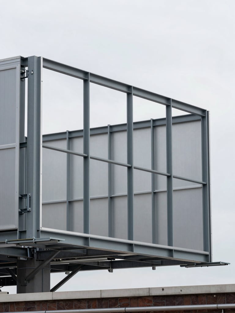 Close-up architectural shot of a large billboard frame structure mid-installation on an urban rooftop, steel mounting brackets and aluminum panel edges visible in sharp detail, overcast natural daylight from the north, no workers or people in frame, flat even lighting across the metal surfaces