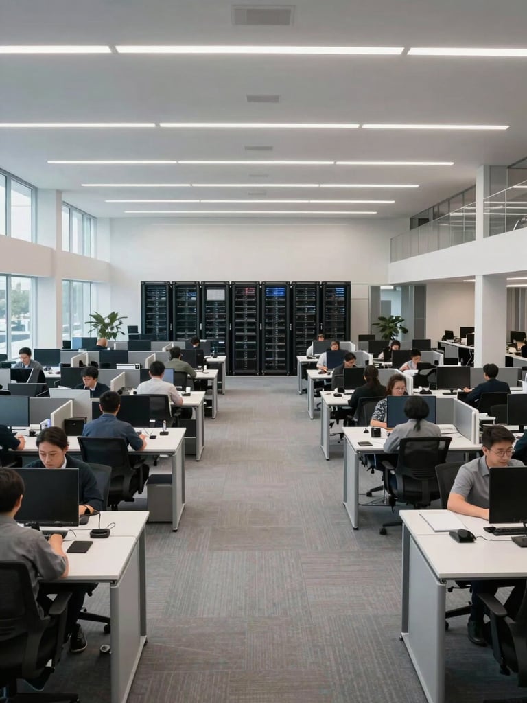 Wide architectural interior of a clean corporate office workspace, overcast north-facing daylight, rows of uniformed staff at desks visible in the middle distance, a server rack installation visible through a glass partition in the background, no faces visible, shot from a high vantage point to show the scale of the space