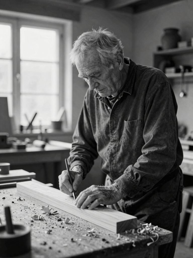 Black and white portrait of an elderly master woodworker in a sunlit timber workshop, wood shavings on the workbench, shallow depth of field, 35mm film grain