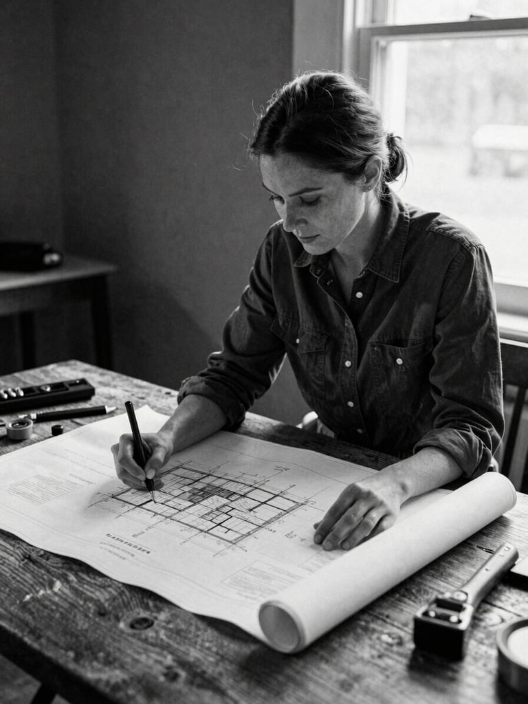 Black and white portrait of a female structural engineer reviewing structural blueprints on a rustic wooden table, soft window lighting, architectural tools nearby, 35mm film grain