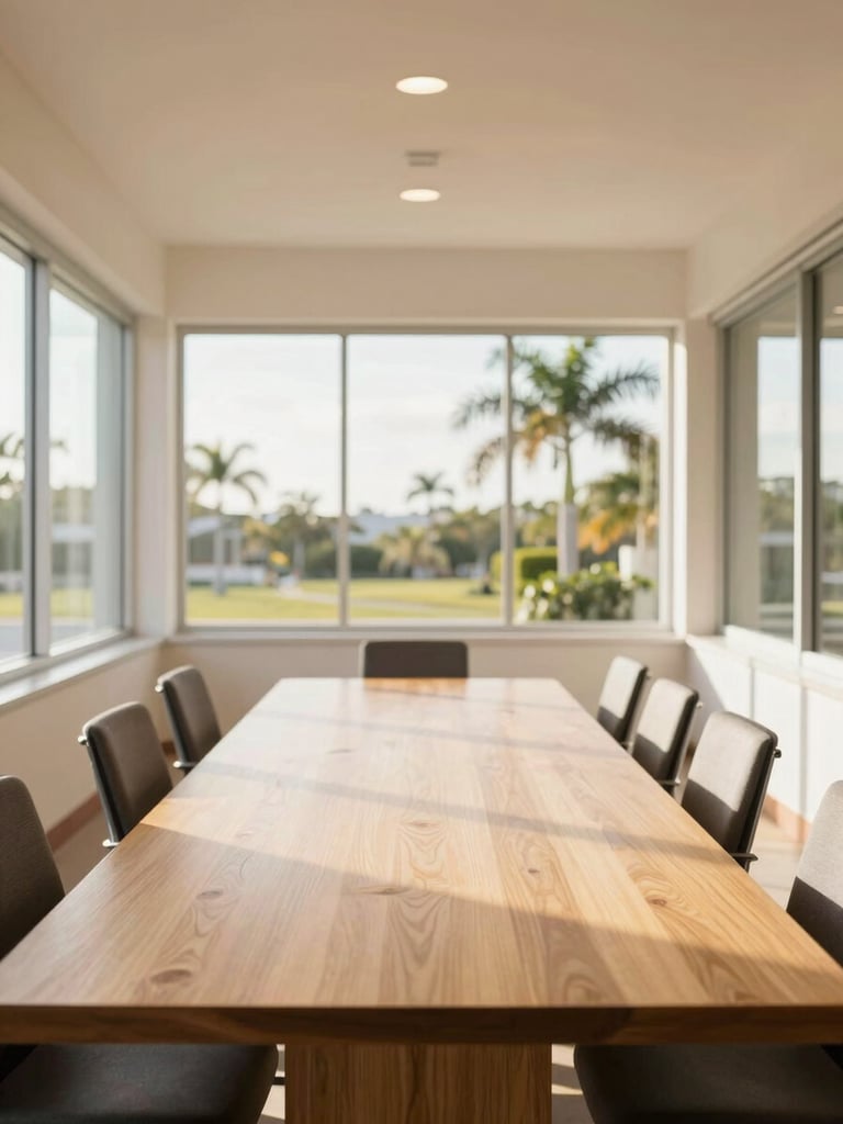 Symmetrical perspective of a quiet professional meeting space with clean oak table, bright natural Florida daylight streaming through wide windows, warm gold undertones