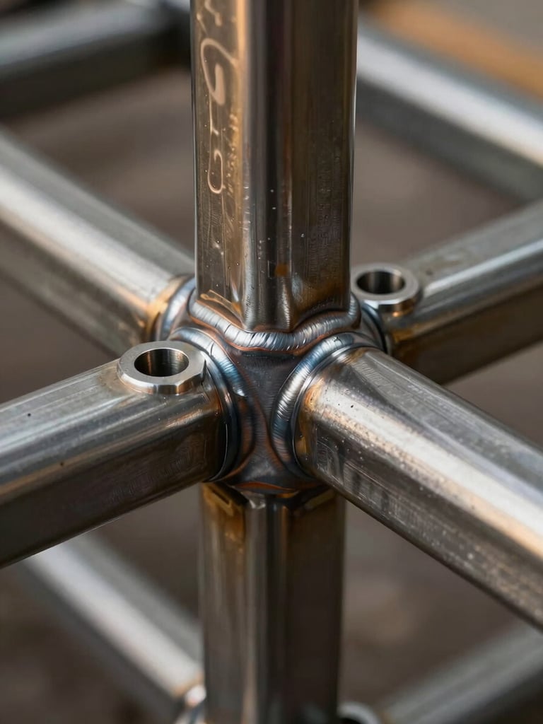 Macro shot of high-precision steel joints in a luxury residential frame, sharp focus on clean welds, dramatic industrial lighting.