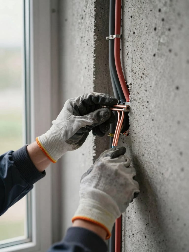 Close-up documentary shot of a technician's hands routing electrical conduit along a concrete wall during a minisplit installation, natural daylight from a side window, copper wiring and conduit clips visible, work gloves and cable ties in frame