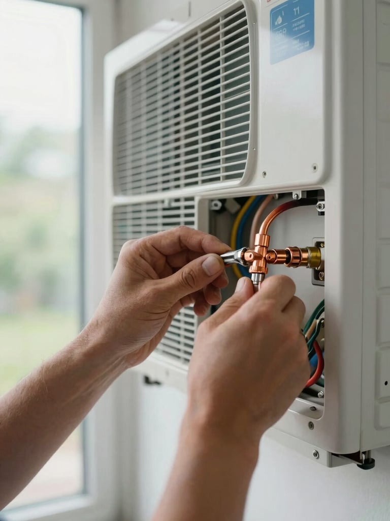 Close-up of a technician's hands tightening copper refrigerant line fittings on a wall-mounted minisplit unit, wrench visible, natural daylight from a nearby window, white interior wall in background, cables neatly bundled